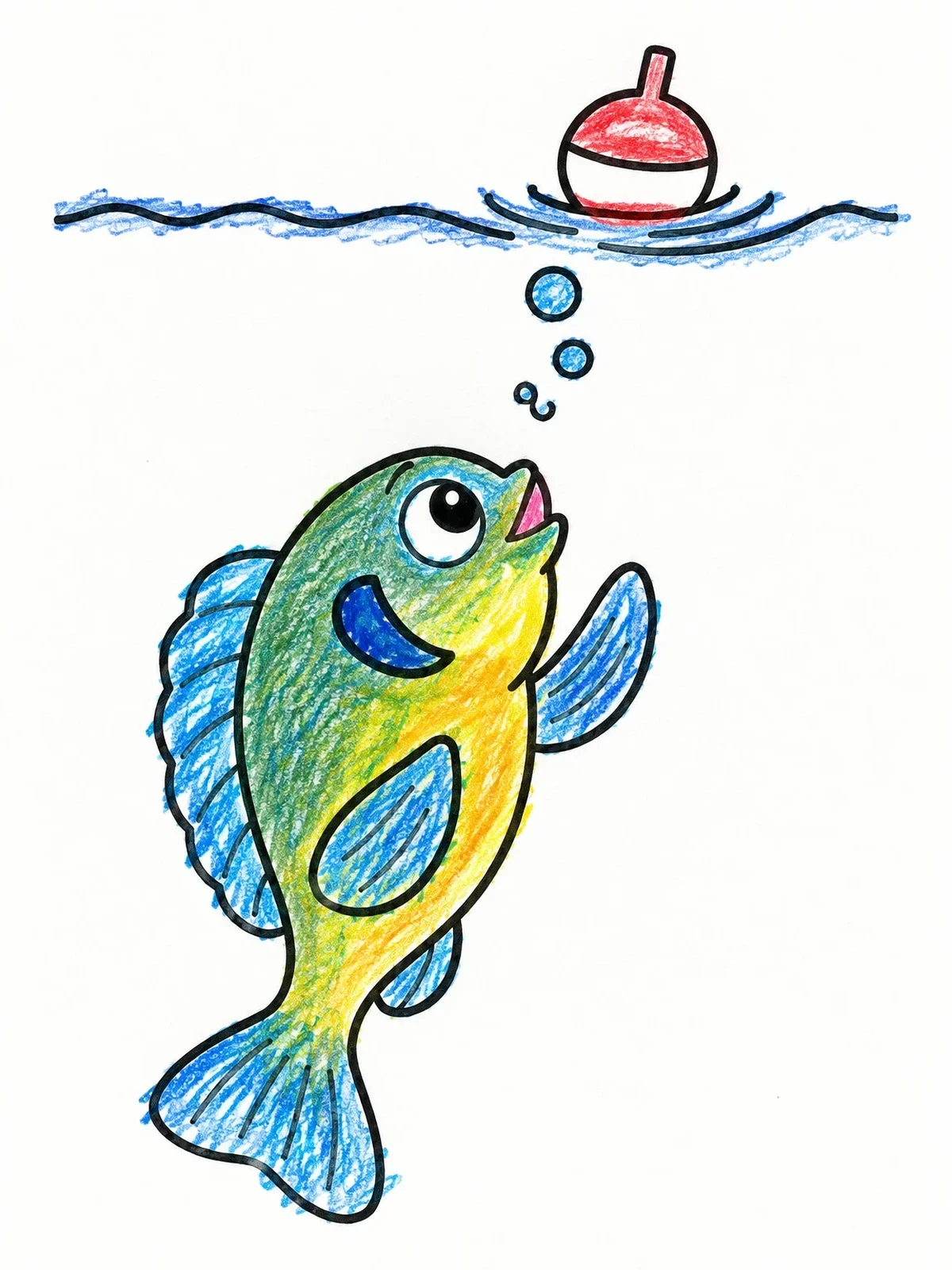 Colored example of the Cute Fish Looking At A Bobber coloring page