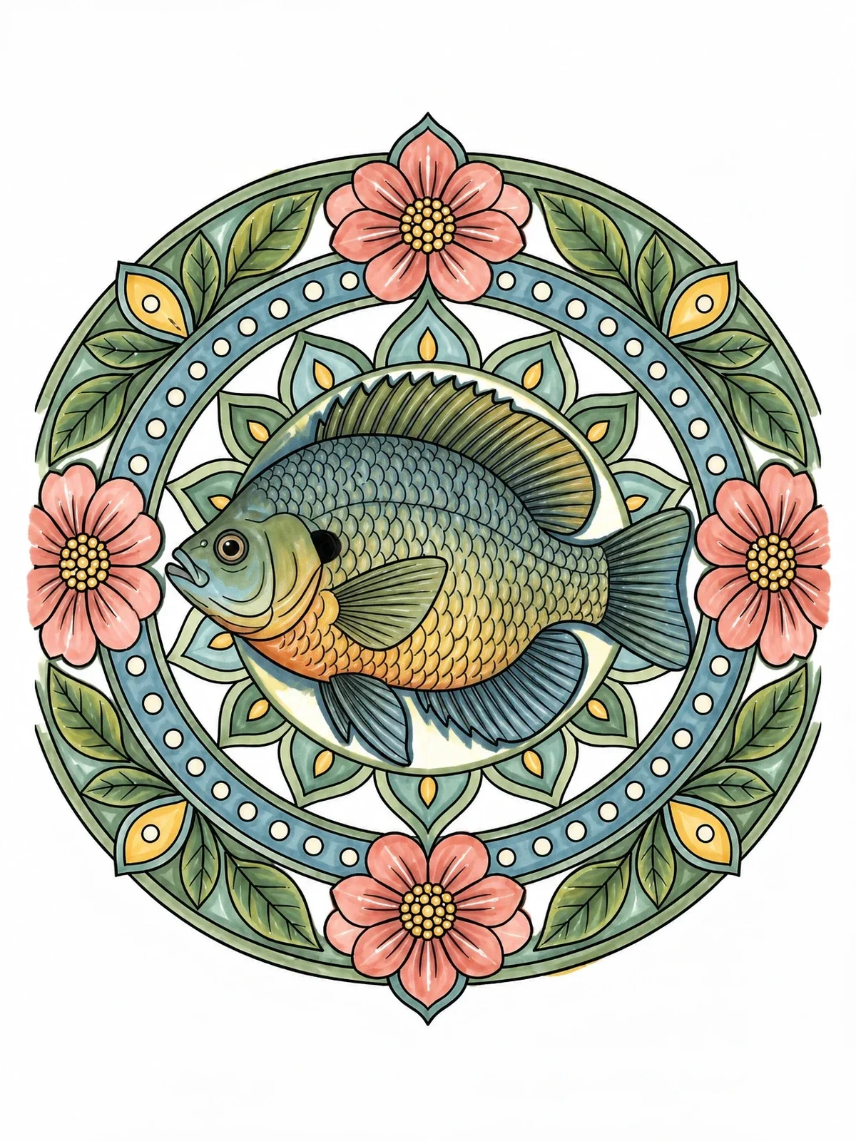 Colored example of the Bluegill Fish Floral Mandala coloring page