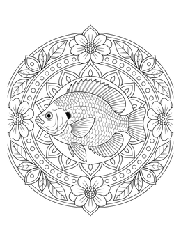 A detailed bluegill coloring page set inside a circular floral mandala frame.