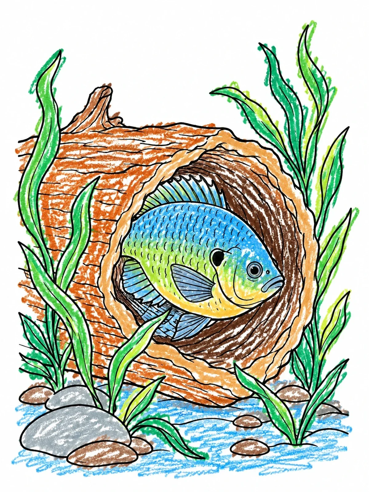 Colored example of the Bluegill Hiding Inside A Hollow Log coloring page
