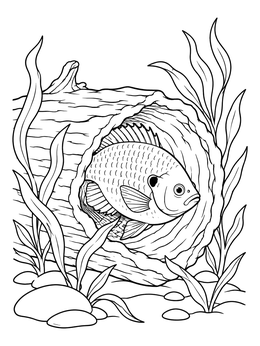 A peaceful bluegill coloring page showing the fish nestled inside a sunken hollow log surrounded by plants.