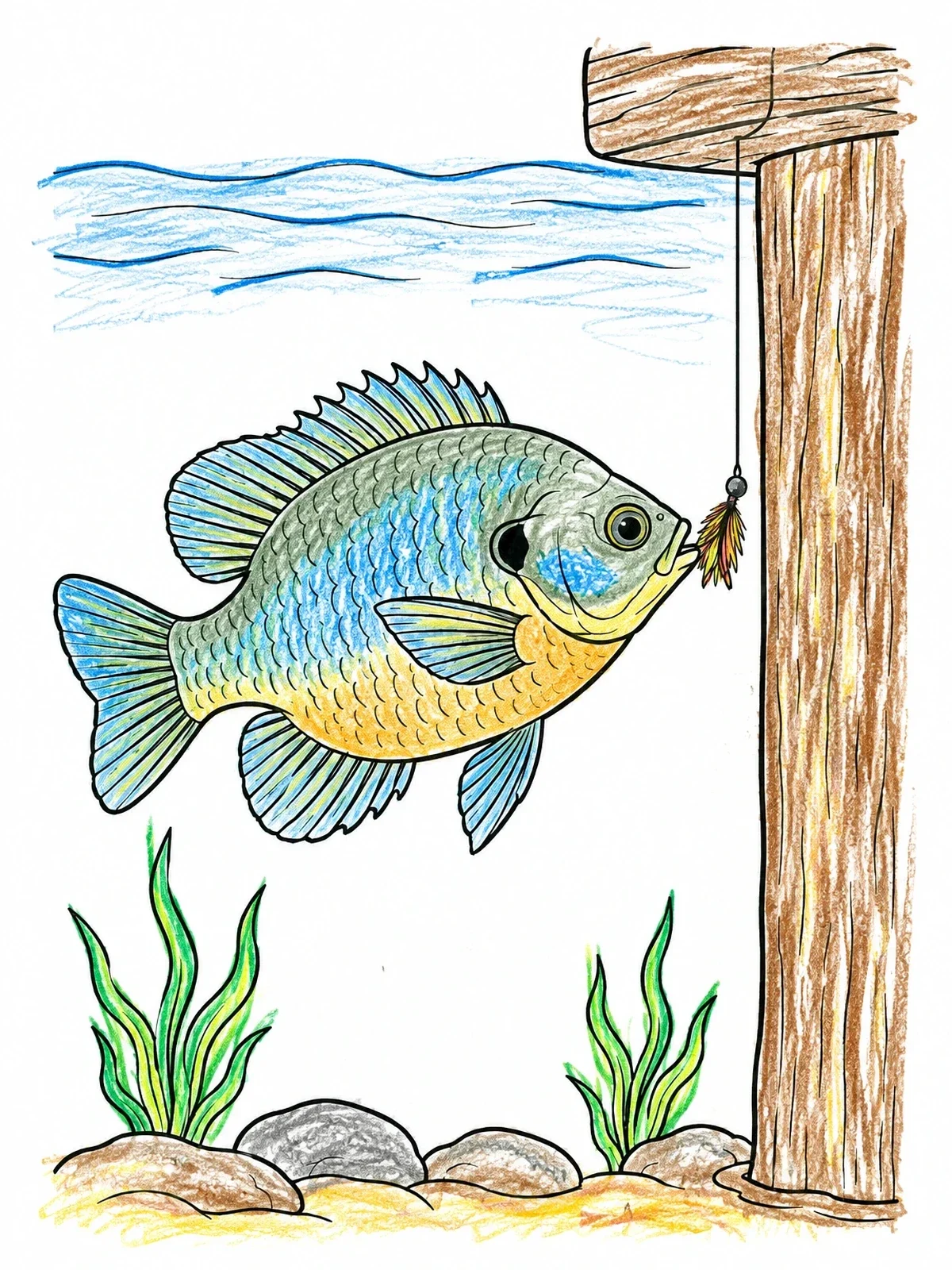 Colored example of the Bluegill Inspecting A Fishing Lure coloring page