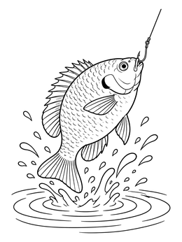 A detailed bluegill coloring page showing a fish caught on a hook splashing out of the lake ripples.