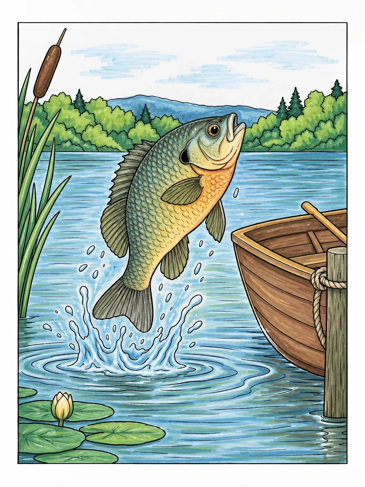 Colored example of the Bluegill Leaping Near Docked Boat coloring page