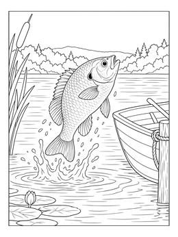 A detailed bluegill coloring page showing the fish leaping from lake water near a wooden rowboat.