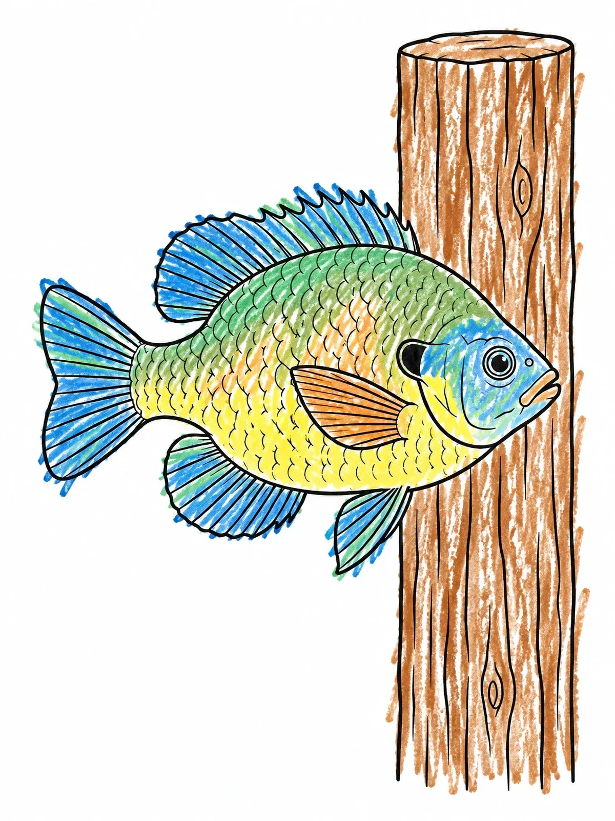 Colored example of the Bluegill Swimming By A Wooden Post coloring page