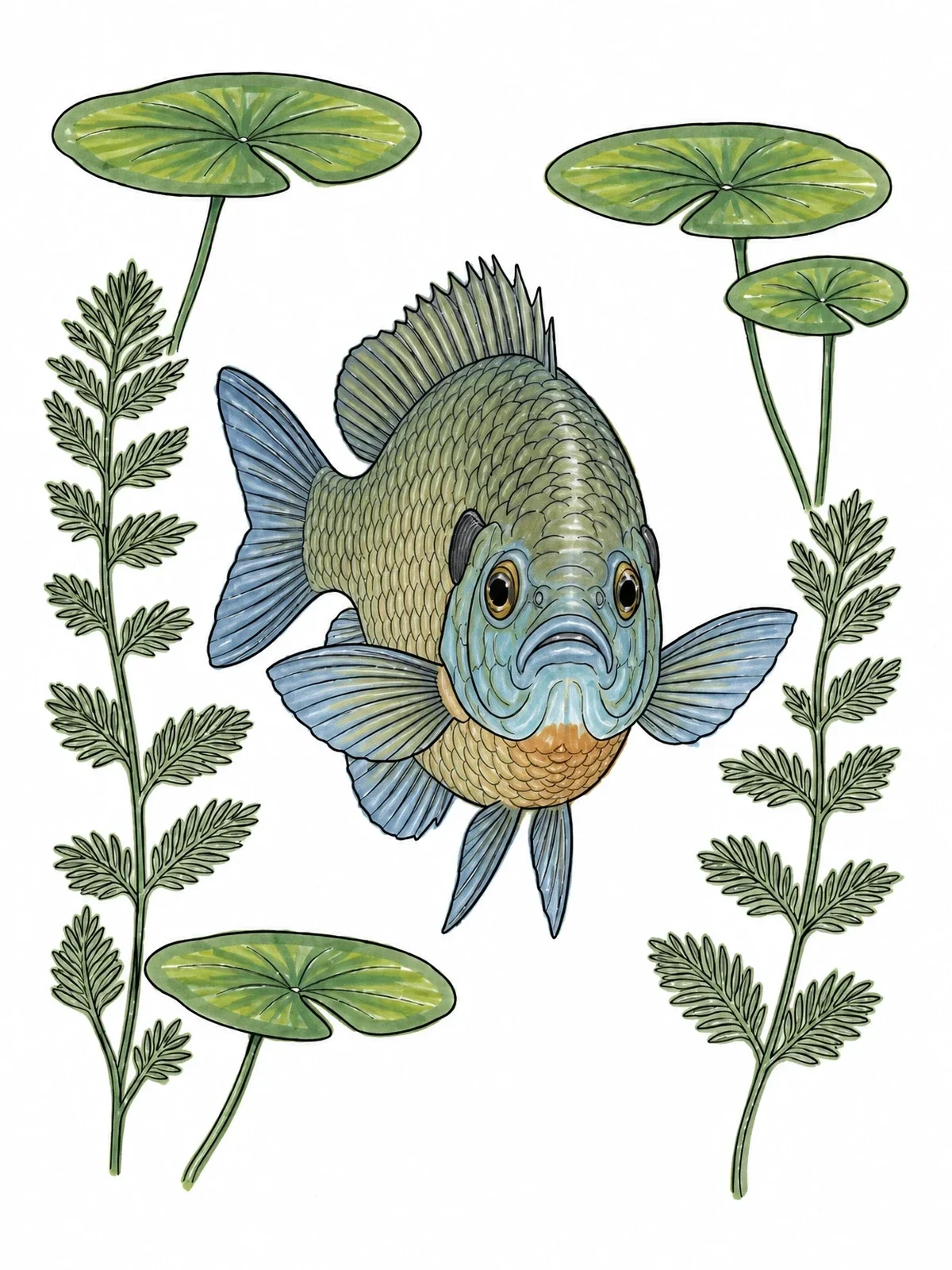 Colored example of the Bluegill Swimming Through Pond Plants coloring page