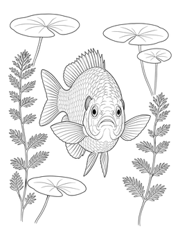 Detailed bluegill coloring page featuring a freshwater fish swimming among lily pads.