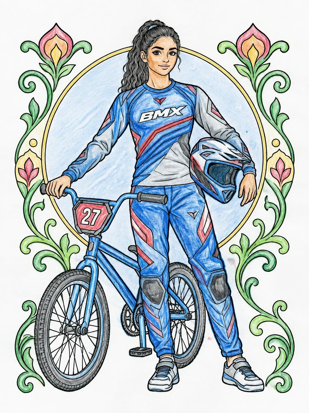 Colored example of the Bmx Racer Girl With Bicycle coloring page