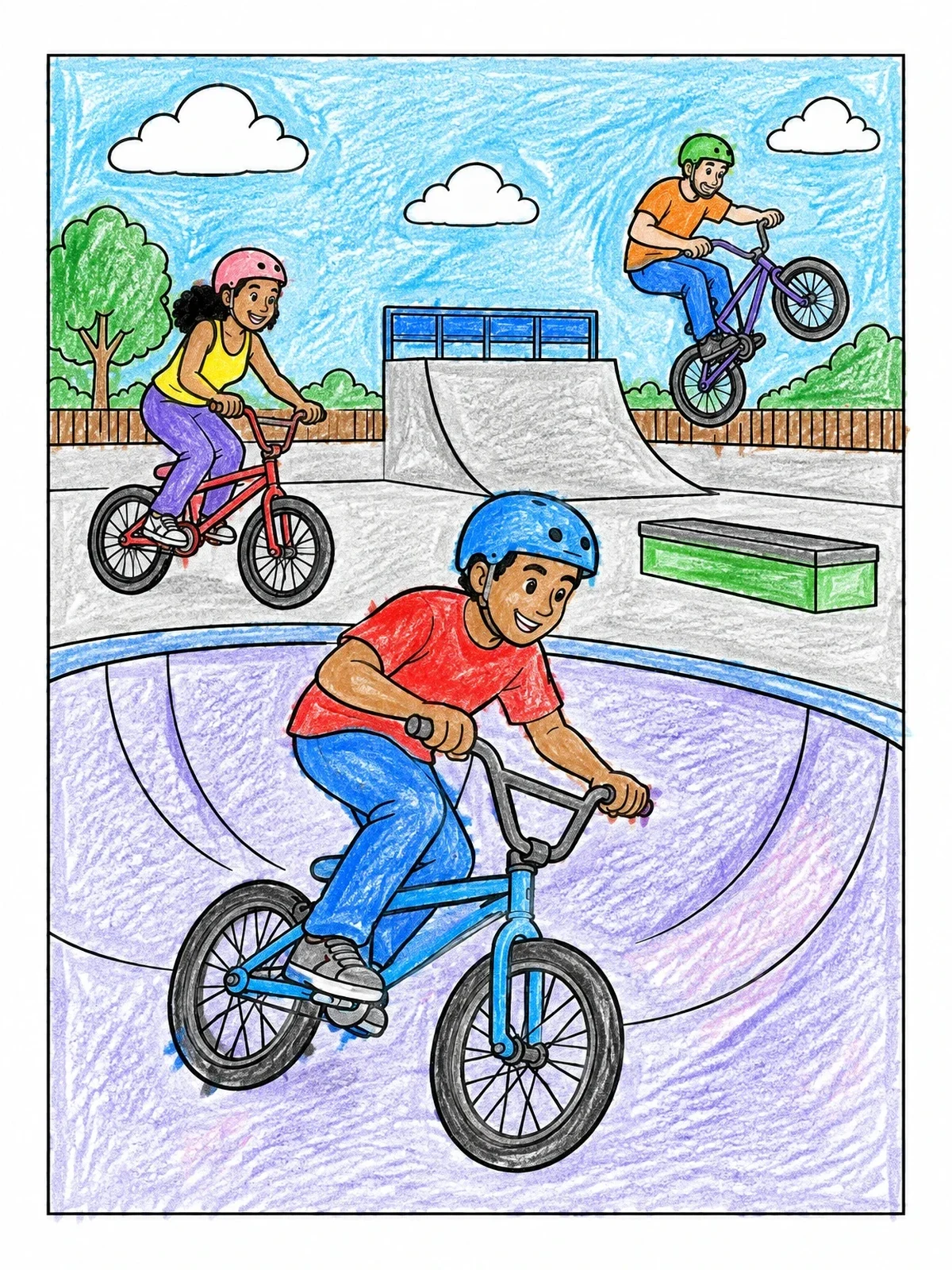 Colored example of the Bmx Riders At The Skatepark coloring page