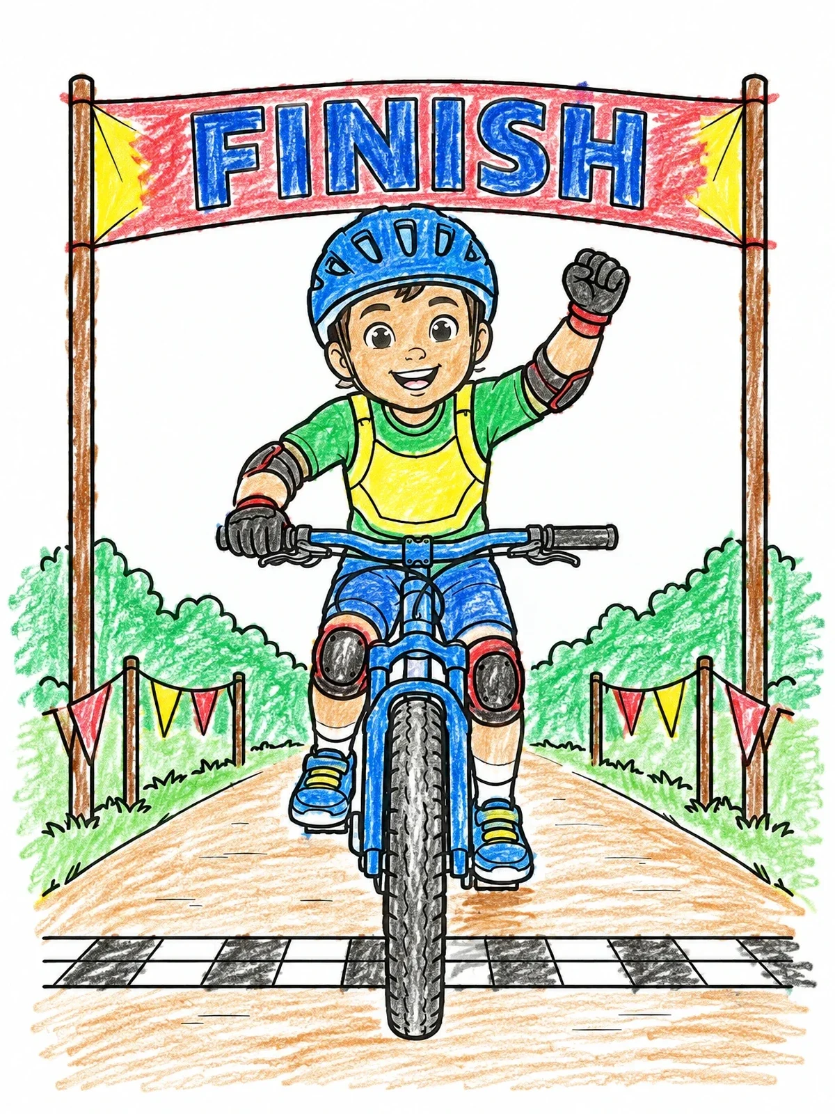 Colored example of the Young Cyclist Crossing The Finish Line coloring page
