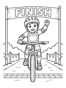 Free printable Young Cyclist Crossing The Finish Line coloring page