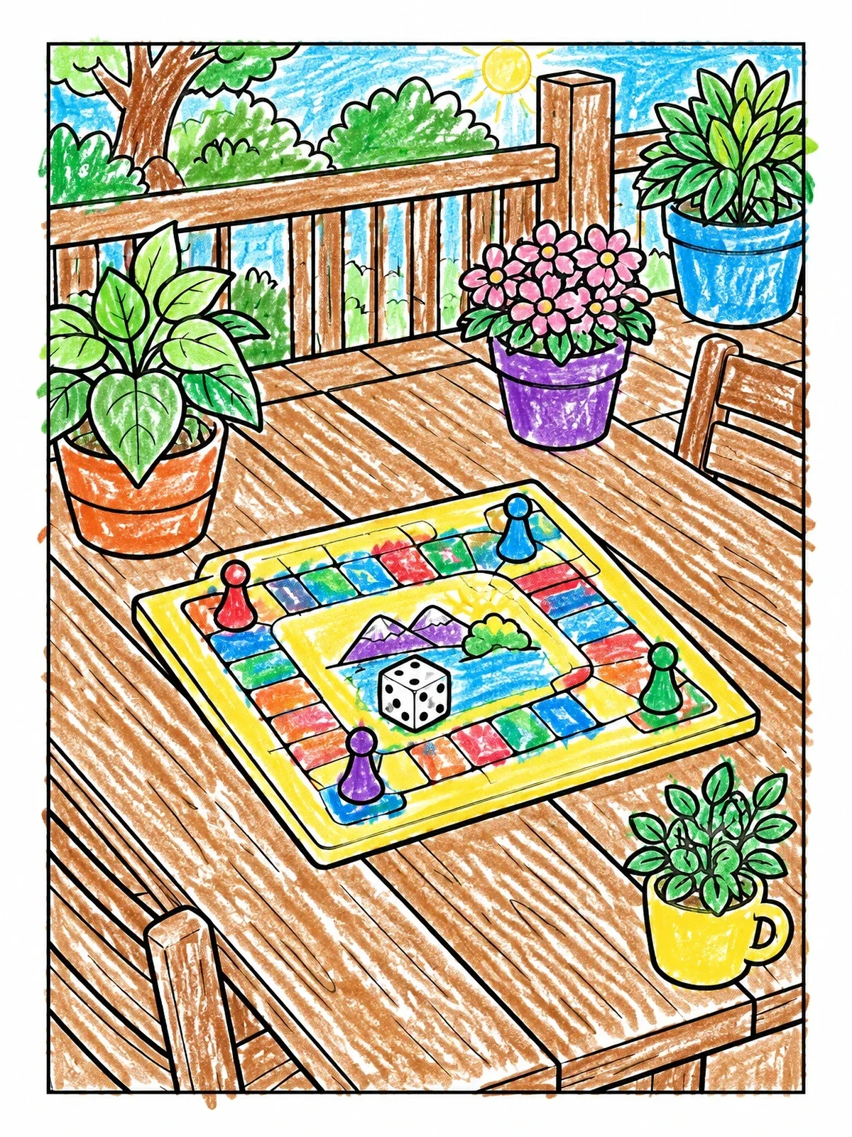 Colored example of the Board Game On Sunny Porch coloring page