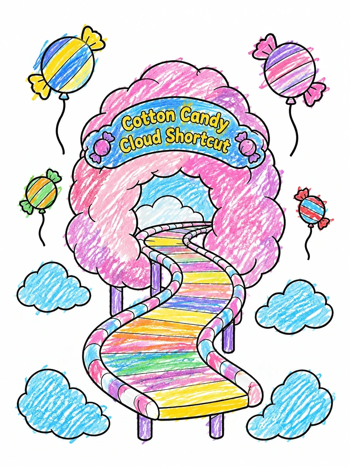 Colored example of the Cotton Candy Cloud Shortcut Track coloring page
