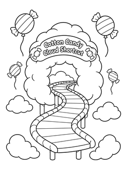 A sweet board games coloring page featuring a candy-themed cloud path shortcut.