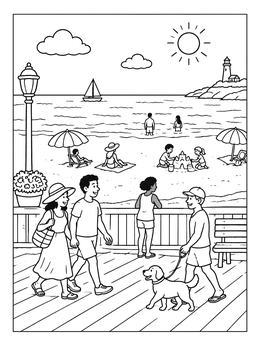 People strolling on a wooden seaside promenade in this beach coloring page.