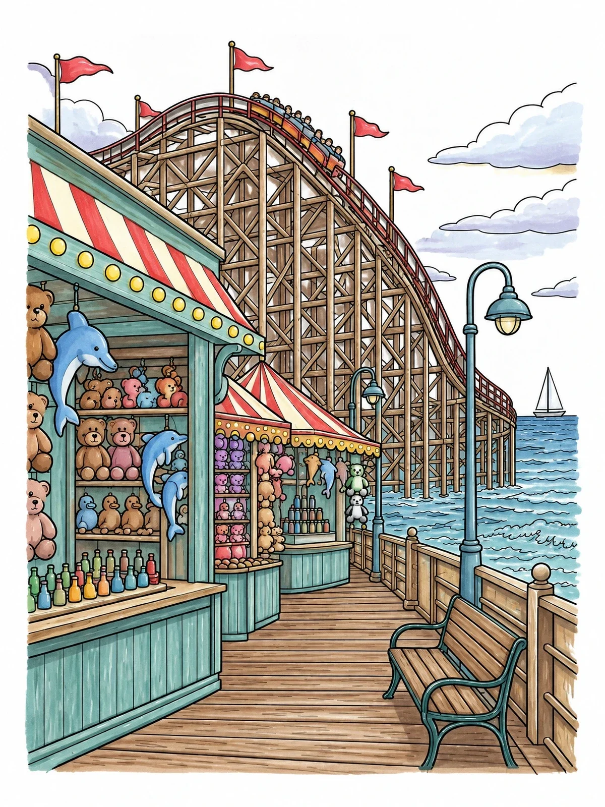 Colored example of the Boardwalk Wooden Roller Coaster By The Sea coloring page