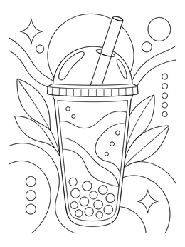 A refreshing bubble tea drink featured in this boba coloring page with decorative botanical leaves.
