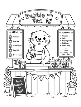 An otter serving drinks at a stand in this boba coloring page.