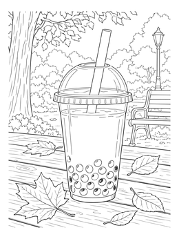 A peaceful autumn boba coloring page showing bubble tea and fallen leaves on a wooden table.