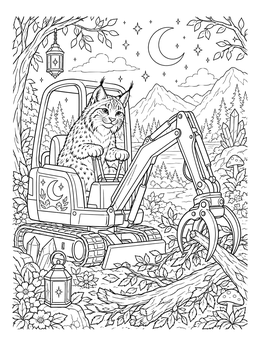 A bobcat coloring page featuring an excavator clearing fallen logs in a magical starry forest.