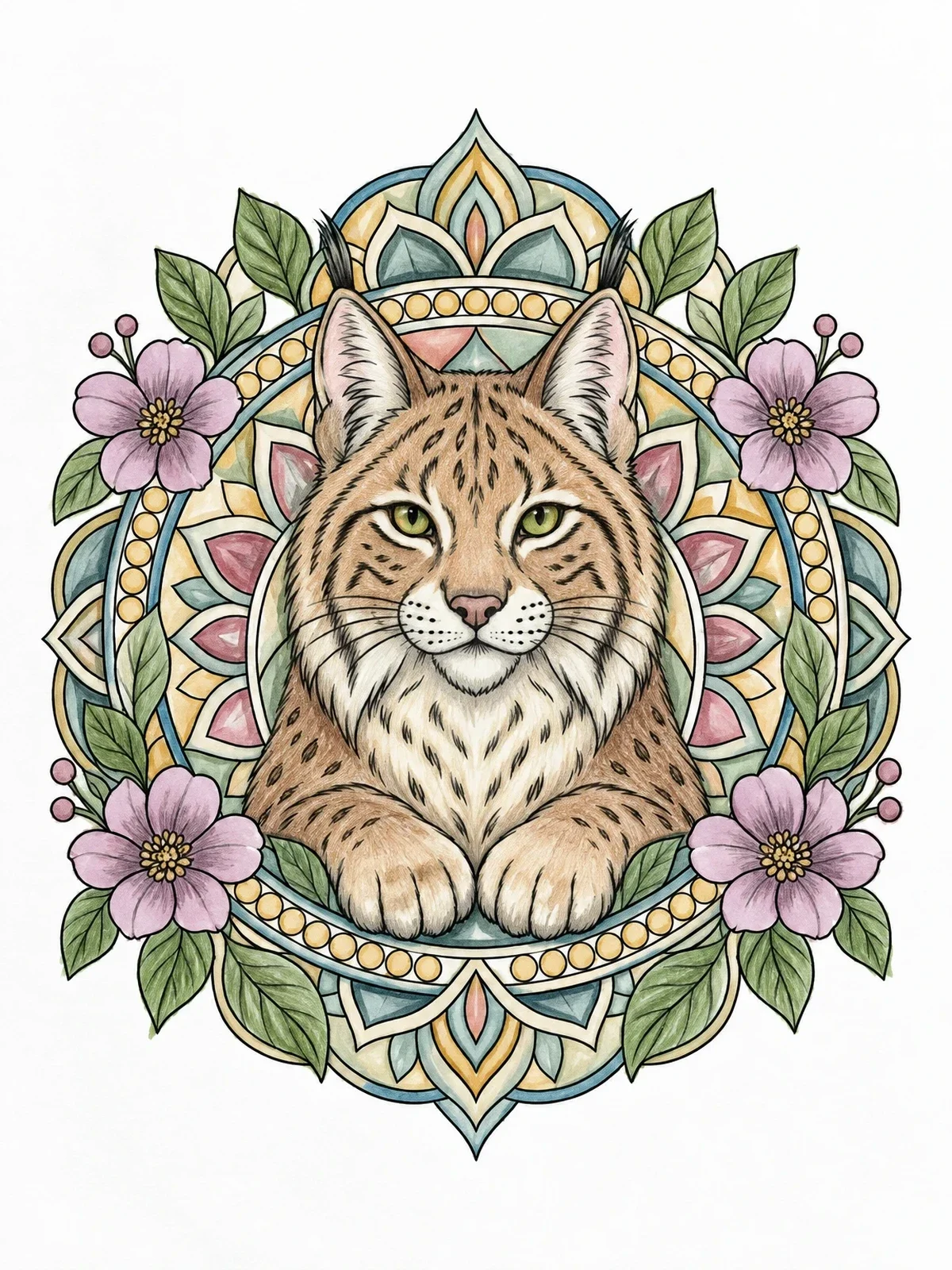 Colored example of the Bobcat In Floral Mandala Frame coloring page