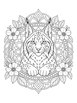 An intricate bobcat coloring page framed by a mandala with flowers and leaves.
