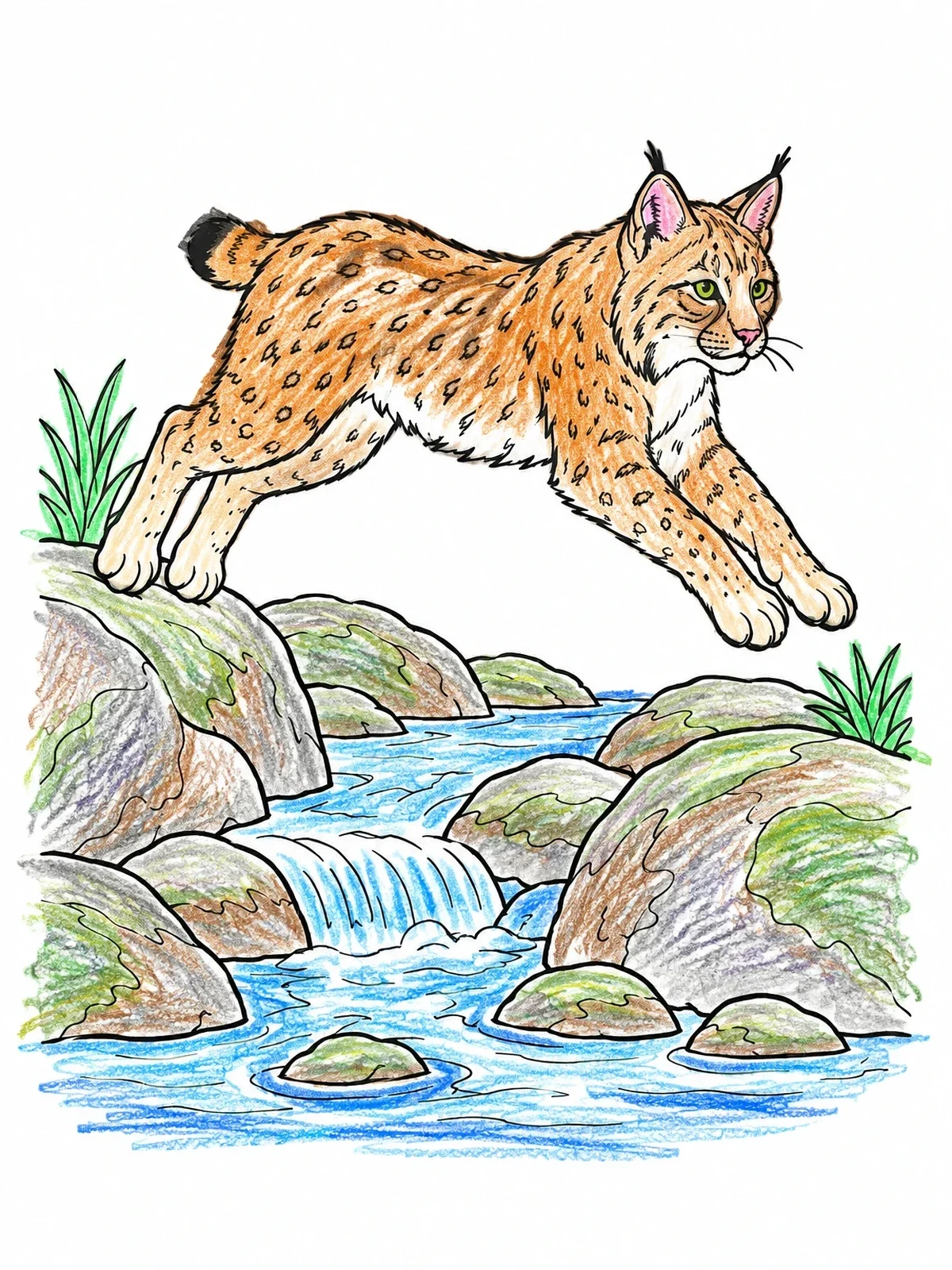 Colored example of the Bobcat Leaping Over Stream coloring page