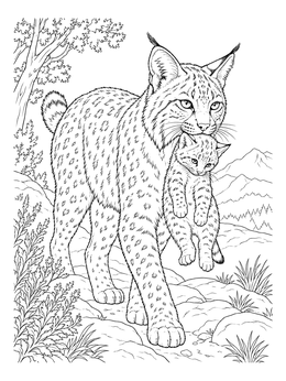 Detailed bobcat coloring page featuring a mother cat carrying her spotted kitten through the wilderness.