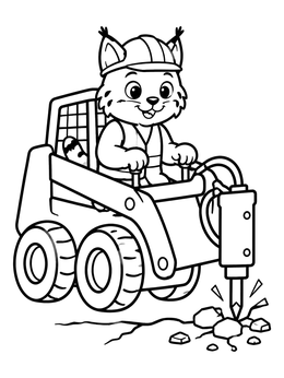 A cute cartoon bobcat driving a skid steer with a breaker in this fun bobcat coloring page.