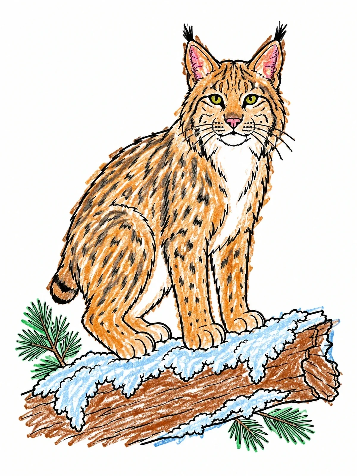 Colored example of the Wild Bobcat On A Snowy Log coloring page