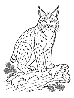 A bobcat coloring page showing the wild cat perched attentively on a fallen log.