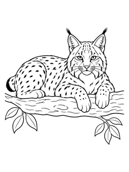 A realistic bobcat coloring page showing the wild cat lying peacefully on a horizontal tree limb.