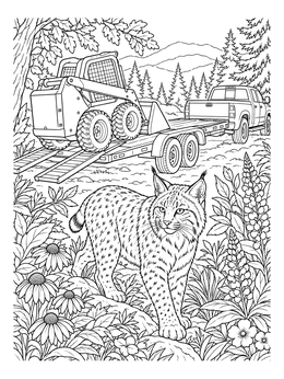 A wild cat stands amid flowers on this detailed bobcat coloring page with a loader trailer in the background.