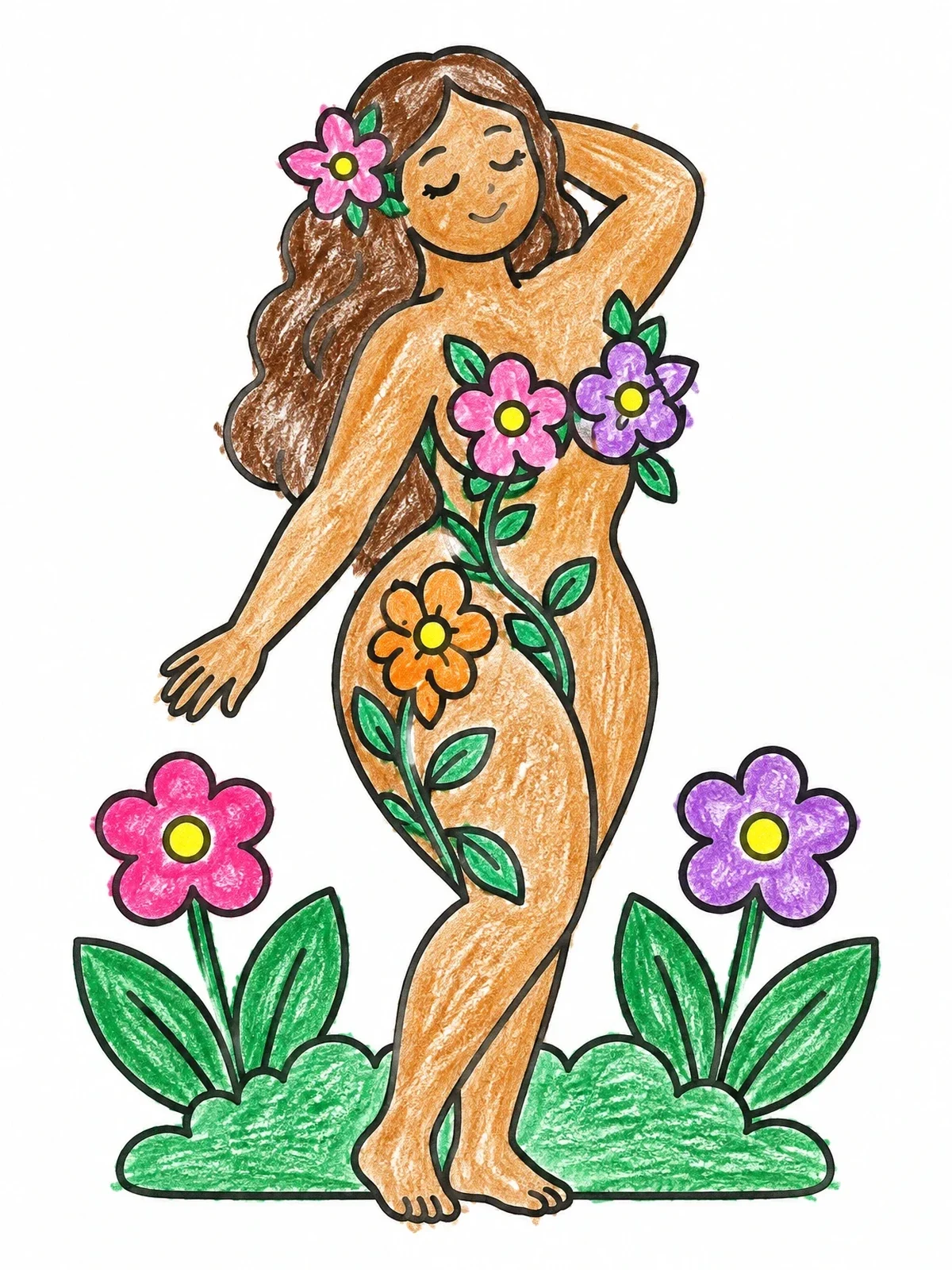Colored example of the Blooming Curvy Woman In Nature coloring page