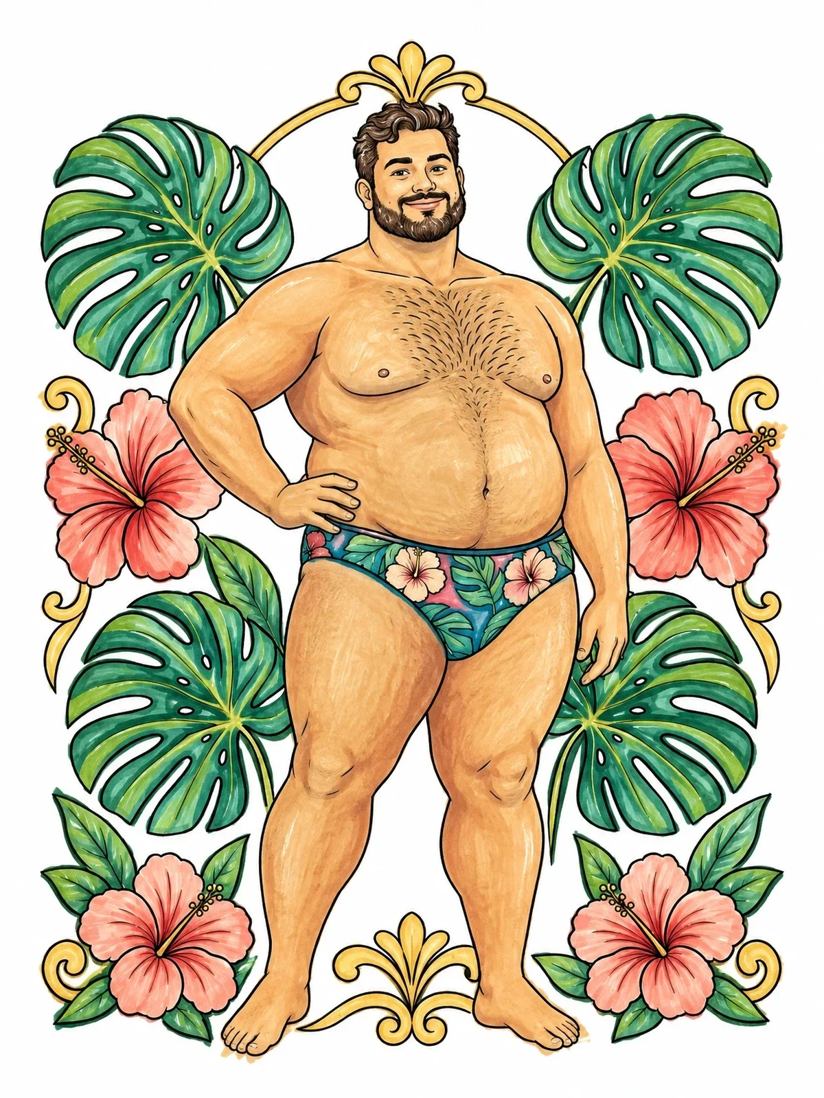 Colored example of the Confident Man In Tropical Frame coloring page