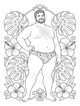 A confident man posing in floral swimwear on a body positive coloring page.