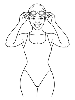 A smiling woman ready to swim on this body positive coloring page.