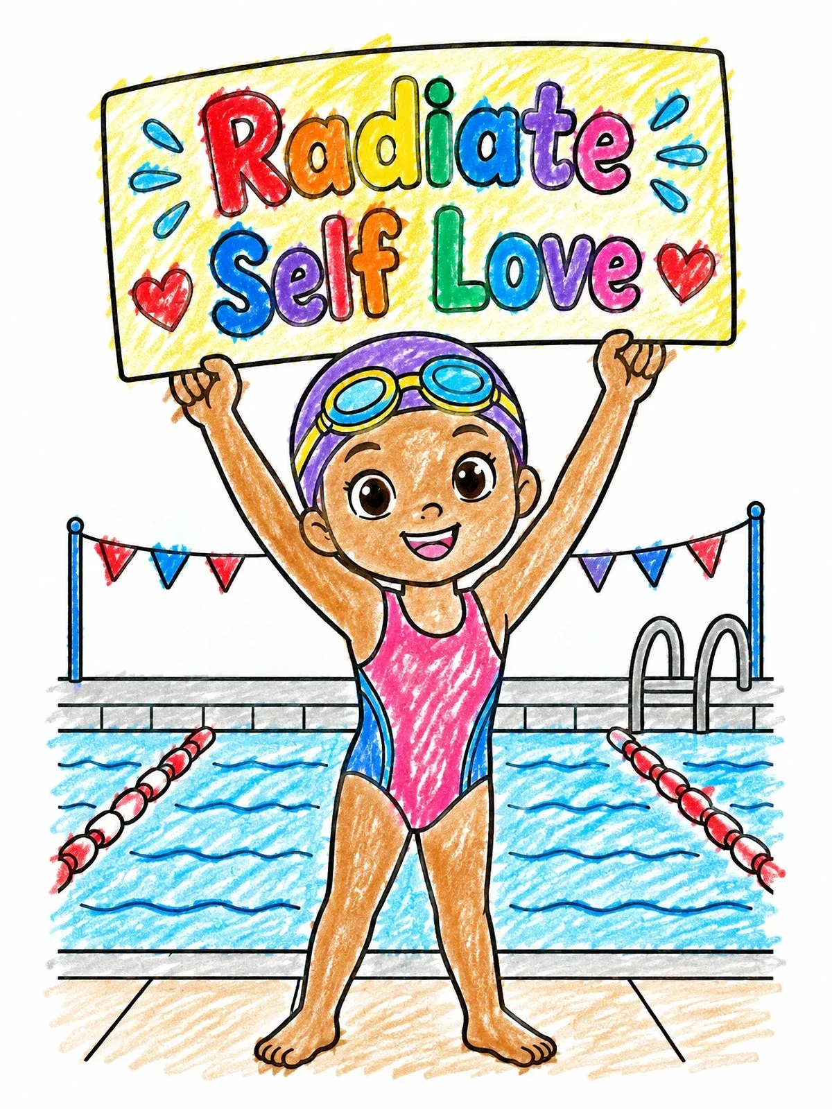 Colored example of the Confident Swimmer With Self Love Sign coloring page