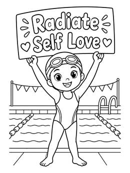 Free printable Confident Swimmer With Self Love Sign coloring page