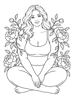 Free printable Curvy Woman With Peonies coloring page