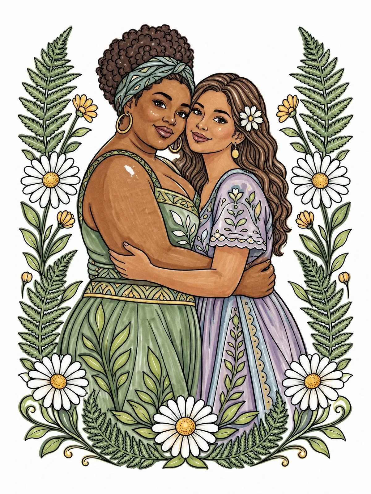 Colored example of the Embracing Women Surrounded By Flowers coloring page
