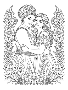 Two smiling women embrace inside this body positive coloring page framed by daisies.