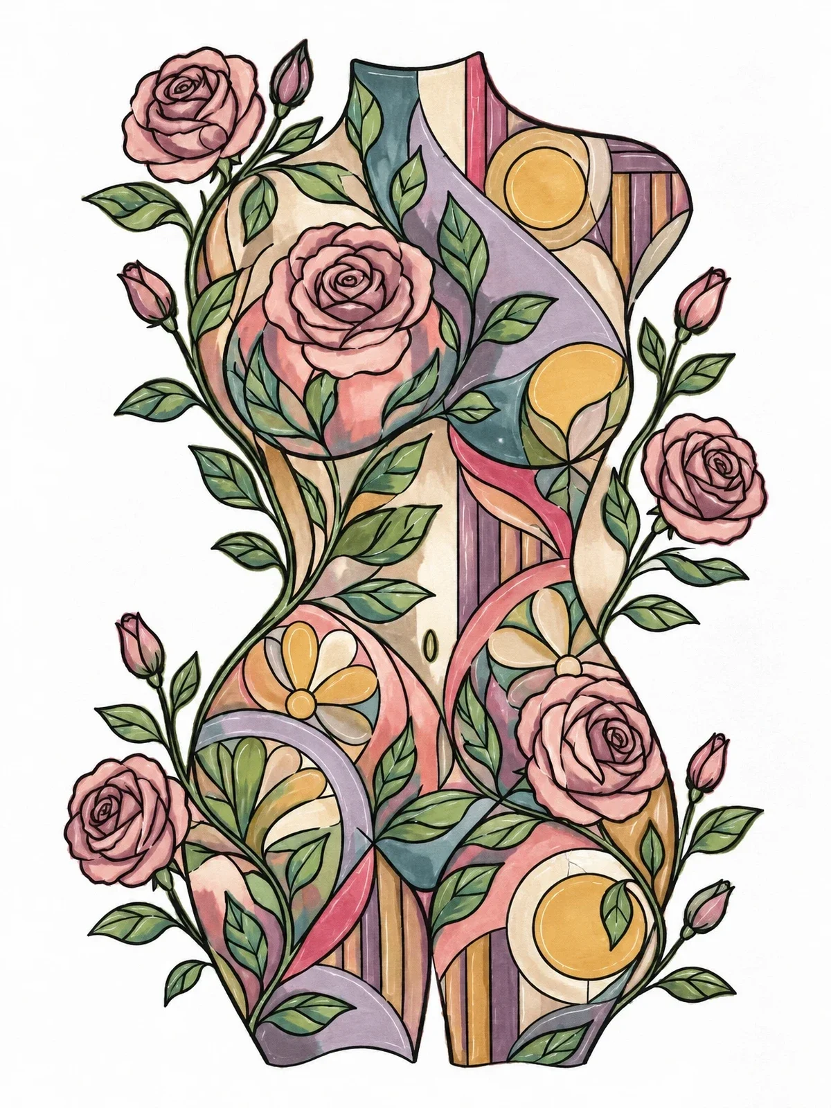 Colored example of the Floral Silhouette Of A Curvy Torso coloring page