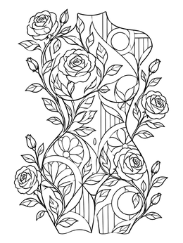 A body positive coloring page displaying a curvy silhouette filled with roses and botanical shapes.
