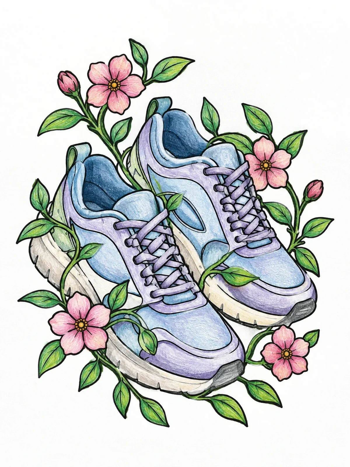 Colored example of the Floral Sneakers And Vines coloring page
