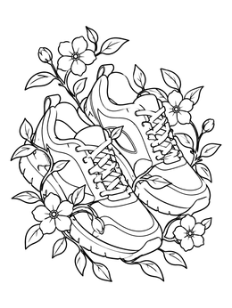 Running shoes surrounded by leafy vines on a body positive coloring page.