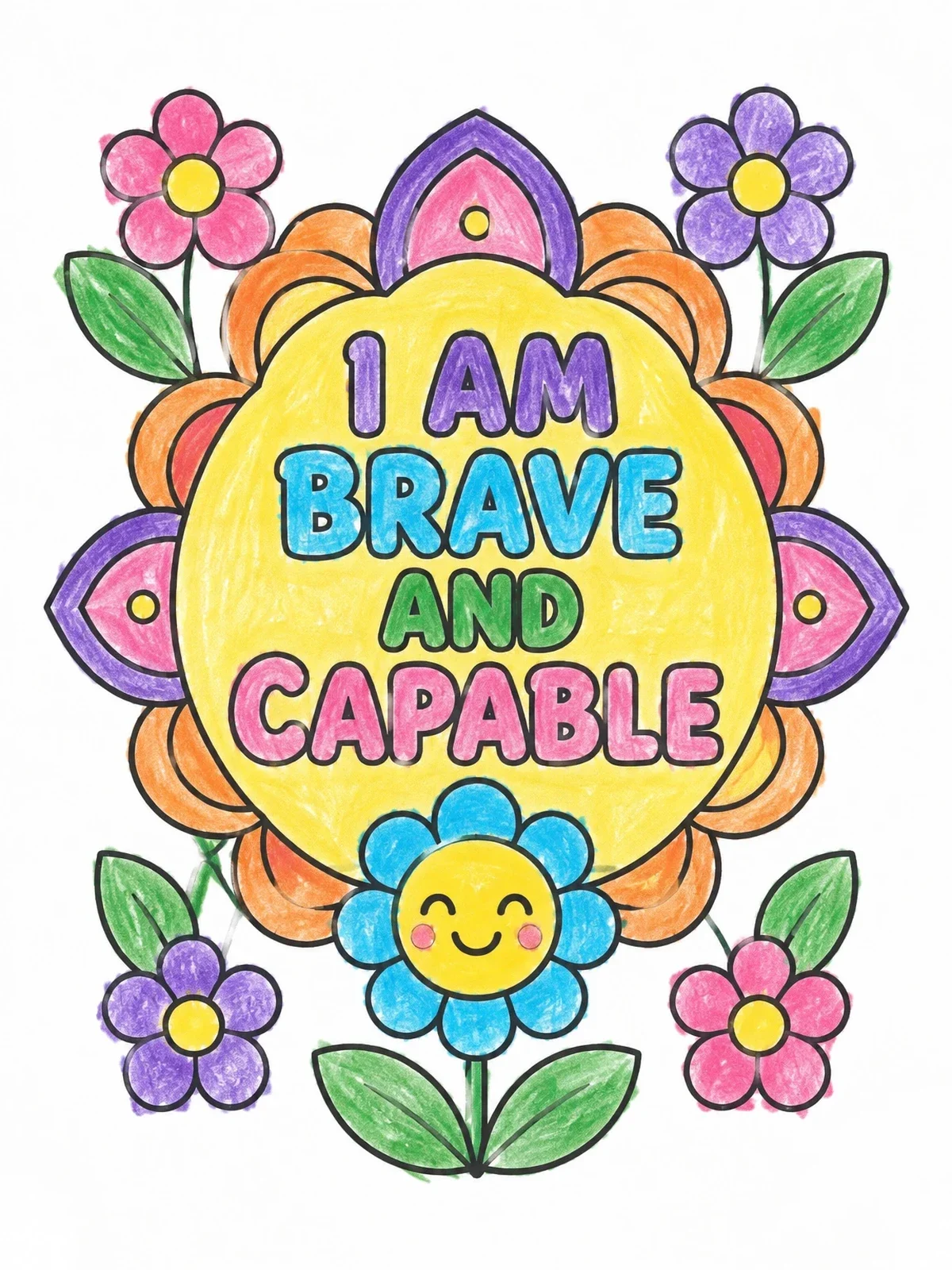 Colored example of the I Am Brave And Capable Affirmation coloring page
