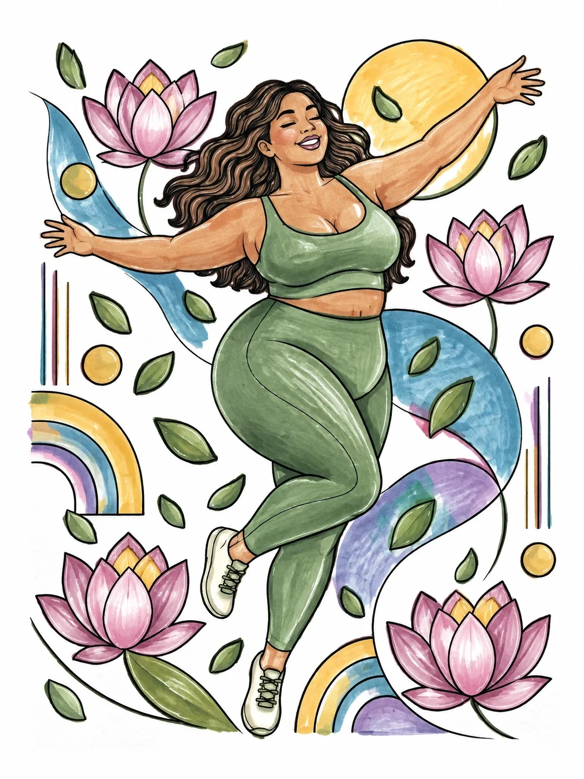 Colored example of the Joyful Curvy Dancer With Lotuses coloring page
