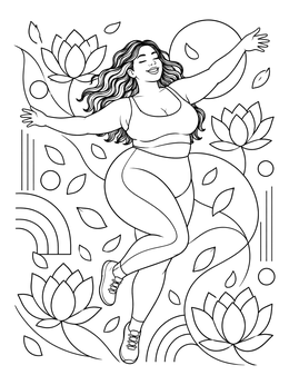 A curvy woman dances among lotus blooms in this body positive coloring page.
